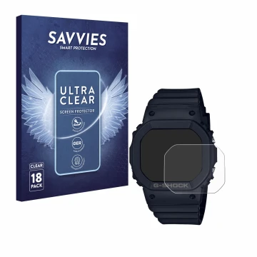 Front side of a product packaging with the brand logo Savvies. Next to it is the device Casio G-Shock GMD-S5600 shown with the
