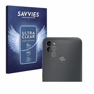 Front side of a product packaging with the brand logo Savvies. Next to it is the device Gigaset GS5 Lite (Front+Camera) shown 