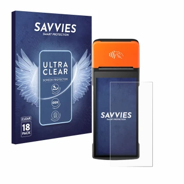 Front side of a product packaging with the brand logo Savvies. Next to it is the device Sunmi V2 Pro shown with the correspond