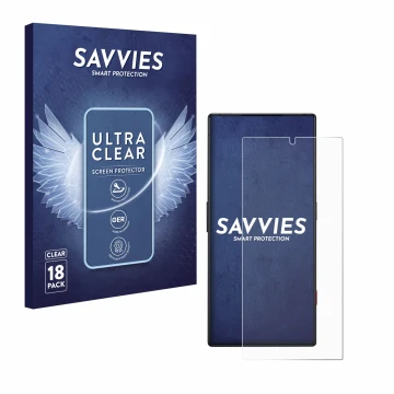 Front side of a product packaging with the brand logo Savvies. Next to it is the device ZTE Nubia Red Magic 8S Pro shown with 
