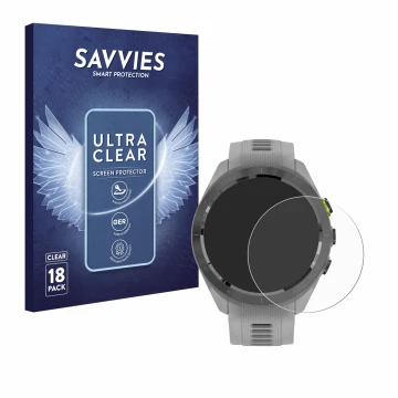 Front side of a product packaging with the brand logo Savvies. Next to it is the device Garmin Approach S70 (42 mm) shown with