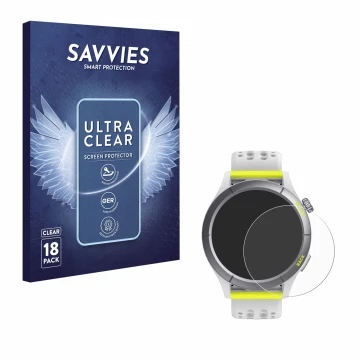 Front side of a product packaging with the brand logo Savvies. Next to it is the device Huami Amazfit Cheetah shown with the c