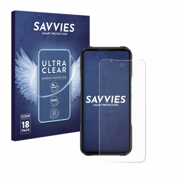 Front side of a product packaging with the brand logo Savvies. Next to it is the device Doogee V20 Pro shown with the correspo