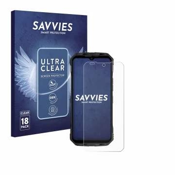 Front side of a product packaging with the brand logo Savvies. Next to it is the device Doogee V30T shown with the correspondi