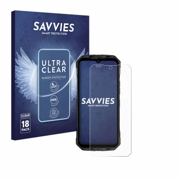 Front side of a product packaging with the brand logo Savvies. Next to it is the device Doogee V30 shown with the correspondin