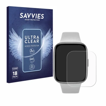 Front side of a product packaging with the brand logo Savvies. Next to it is the device Xiaomi Redmi Watch 3 Active shown with