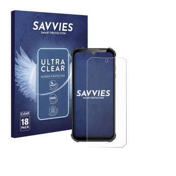 Front side of a product packaging with the brand logo Savvies. Next to it is the device Oukitel WP22 shown with the correspond