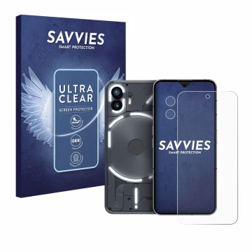 Front side of a product packaging with the brand logo Savvies. Next to it is the device Nothing Phone (2) (Front+Camera) shown