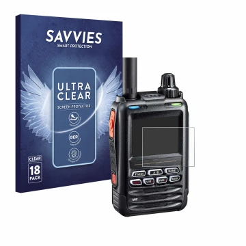 Front side of a product packaging with the brand logo Savvies. Next to it is the device Yaesu FT-5DE/DR shown with the corresp