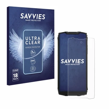 Front side of a product packaging with the brand logo Savvies. Next to it is the device Blackview BV9300 shown with the corres