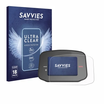 Front side of a product packaging with the brand logo Savvies. Next to it is the device PowaKaddy CT8 GPS shown with the corre