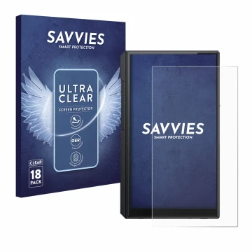 Front side of a product packaging with the brand logo Savvies. Next to it is the device FiiO M11s shown with the corresponding