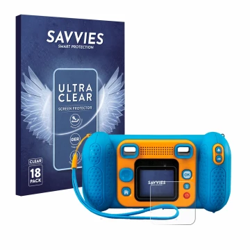 Front side of a product packaging with the brand logo Savvies. Next to it is the device Vtech Kidizoom Kid 4 shown with the co