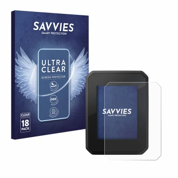 Front side of a product packaging with the brand logo Savvies. Next to it is the device FIT Display Compact shown with the cor