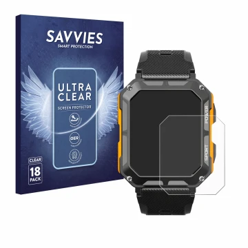 Front side of a product packaging with the brand logo Savvies. Next to it is the device Njord Gear The Indestructible Smartwat