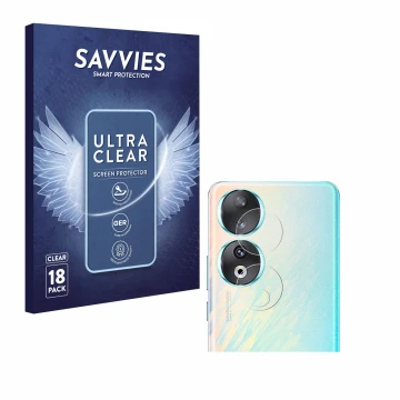 Front side of a product packaging with the brand logo Savvies. Next to it is the device Honor 90 (ONLY Camera Lens) shown with