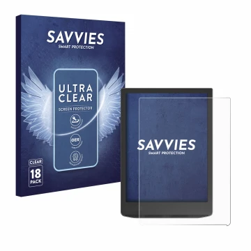 Front side of a product packaging with the brand logo Savvies. Next to it is the device PocketBook InkPad 4 shown with the cor