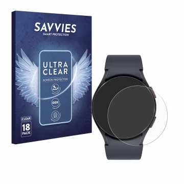 Front side of a product packaging with the brand logo Savvies. Next to it is the device Samsung Galaxy Watch 6 (40 mm) shown w