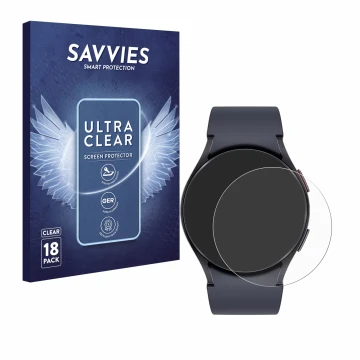 Front side of a product packaging with the brand logo Savvies. Next to it is the device Samsung Galaxy Watch 6 (44 mm) shown w