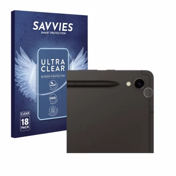 Front side of a product packaging with the brand logo Savvies. Next to it is the device Samsung Galaxy Tab S9 WiFi (ONLY Camer