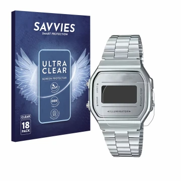 Front side of a product packaging with the brand logo Savvies. Next to it is the device Casio A168WEM-7EF shown with the corre