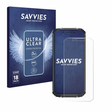 Front side of a product packaging with the brand logo Savvies. Next to it is the device Oukitel WP18 shown with the correspond