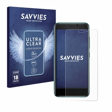 Front side of a product packaging with the brand logo Savvies. Next to it is the device Cubot J 20 shown with the correspondin