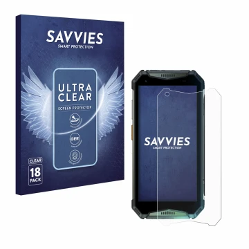 Front side of a product packaging with the brand logo Savvies. Next to it is the device Ulefone Armor 20WT shown with the corr