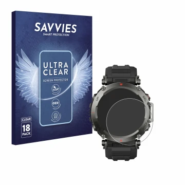 Front side of a product packaging with the brand logo Savvies. Next to it is the device Huami Amazfit T-Rex Ultra shown with t