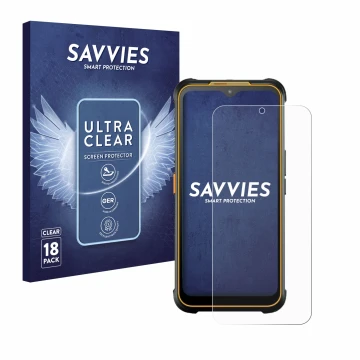 Front side of a product packaging with the brand logo Savvies. Next to it is the device AGM Glory G1S shown with the correspon