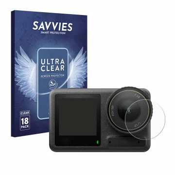 Front side of a product packaging with the brand logo Savvies. Next to it is the device DJI Osmo Action 4 (Lens) shown with th