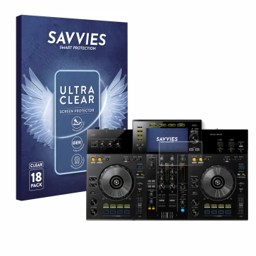 Front side of a product packaging with the brand logo Savvies. Next to it is the device Pioneer XDJ -RR shown with the corresp