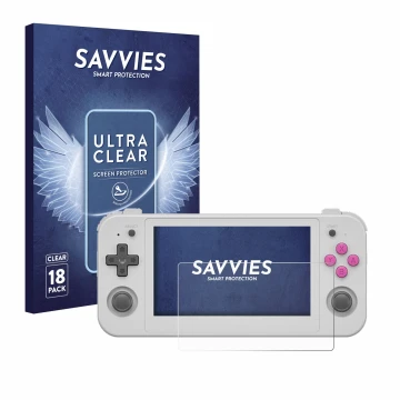 Front side of a product packaging with the brand logo Savvies. Next to it is the device Anbernic RG505 shown with the correspo