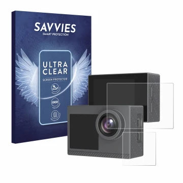 Front side of a product packaging with the brand logo Savvies. Next to it is the device Akaso Brave 4 Pro shown with the corre