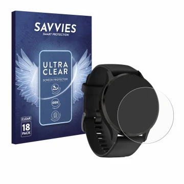 Front side of a product packaging with the brand logo Savvies. Next to it is the device Garmin Venu 3S shown with the correspo