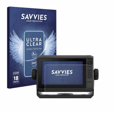 Front side of a product packaging with the brand logo Savvies. Next to it is the device Garmin ECHOMAP UHD2 7