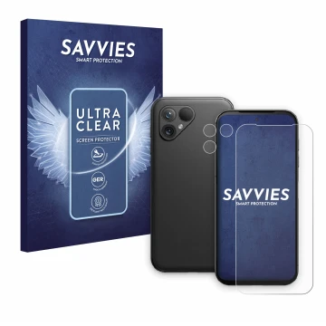 Front side of a product packaging with the brand logo Savvies. Next to it is the device Fairphone 5 (Front+Camera) shown with 