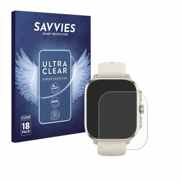 Front side of a product packaging with the brand logo Savvies. Next to it is the device Huami Amazfit Cheetah (Square) shown w