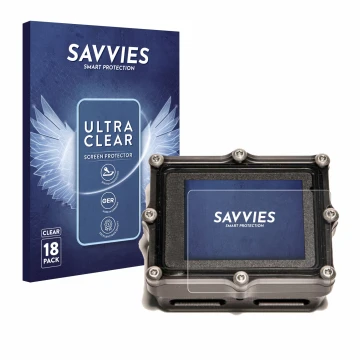 Front side of a product packaging with the brand logo Savvies. Next to it is the device Shearwater Petrel 2 dive computer show