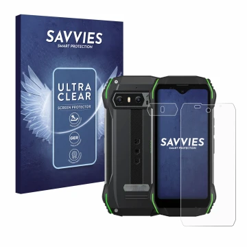 Front side of a product packaging with the brand logo Savvies. Next to it is the device Blackview N6000 (Front+Camera) shown w