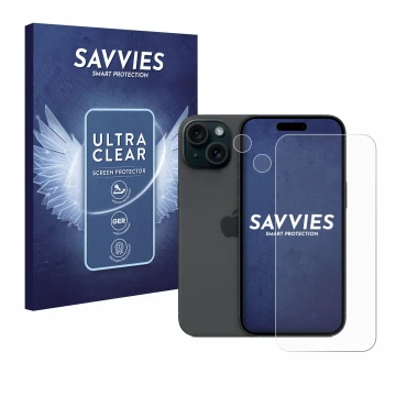 Front side of a product packaging with the brand logo Savvies. Next to it is the device Apple iPhone 15 (Front+Camera) shown w
