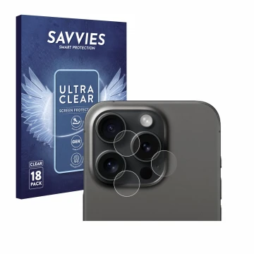 Front side of a product packaging with the brand logo Savvies. Next to it is the device Apple iPhone 15 Pro (ONLY Camera Lens)