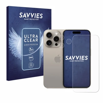 Front side of a product packaging with the brand logo Savvies. Next to it is the device Apple iPhone 15 Pro (Front+Camera) sho