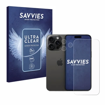 Front side of a product packaging with the brand logo Savvies. Next to it is the device Apple iPhone 15 Pro Max (Front+Camera)