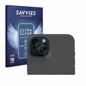 Front side of a product packaging with the brand logo Savvies. Next to it is the device Apple iPhone 15 Plus (ONLY Camera Lens