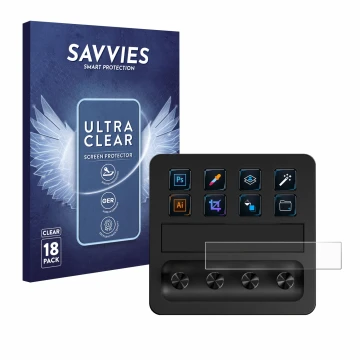 Front side of a product packaging with the brand logo Savvies. Next to it is the device Elgato Stream Deck + shown with the co
