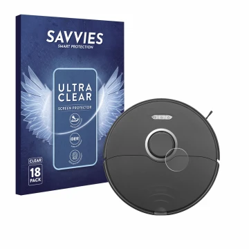 Front side of a product packaging with the brand logo Savvies. Next to it is the device Roborock S8 Lidar Sensor (white model 