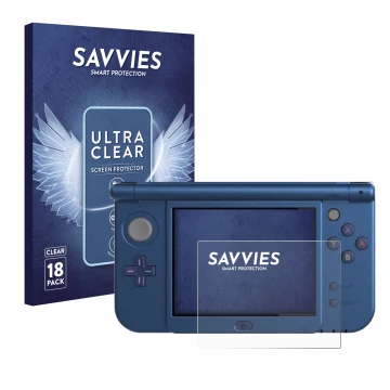 Front side of a product packaging with the brand logo Savvies. Next to it is the device Nintendo New 3DS XL (Lower display) sh