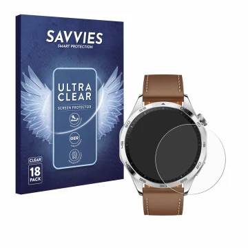 Front side of a product packaging with the brand logo Savvies. Next to it is the device Huawei Watch GT 4 (46mm) shown with th