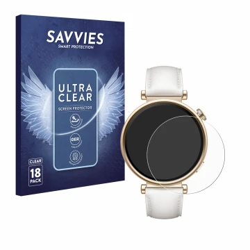 Front side of a product packaging with the brand logo Savvies. Next to it is the device Huawei Watch GT 4 (41mm) shown with th